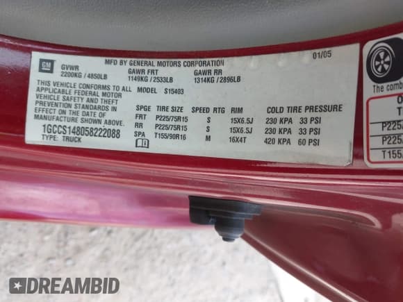 ✅ 2005 Chevrolet Colorado LS Z85 • VIN: 1GCCS148058222088 • Lot: 42489495. Listed on IAAI with 209,567 mi. Free auction sales archive from the USA and detailed vehicle history report at DreamBid. Image 9.