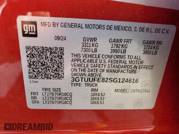 ✅ 2025 GMC Sierra 1500 AT4X • VIN: 3GTUUFE82SG124616 • Лот: 66737375. Опубликован ранее на Copart с пробегом Не указан. Бесплатный доступ к архиву аукционных продаж из США и подробный отчёт об истории автомобиля на DreamBid. Изображение 12.