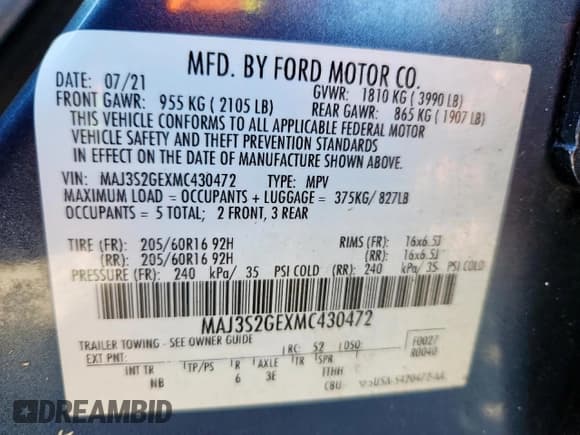 ✅ 2021 Ford EcoSport SE • VIN: MAJ3S2GEXMC430472 • Лот: 86227615. Опубликован ранее на Copart с пробегом 28 483 миль. Бесплатный доступ к архиву аукционных продаж из США и подробный отчёт об истории автомобиля на DreamBid. Изображение 13.