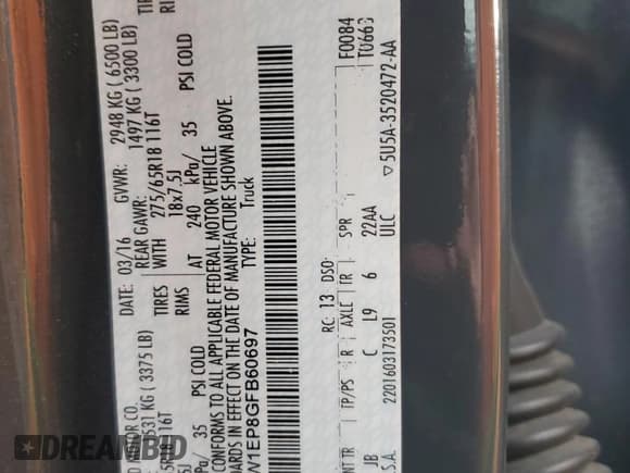 ✅ 2016 Ford F-150 XLT • VIN: 1FTEW1EP8GFB60697 • Lot: 91853915. Listed on Copart with 236,172 mi. Free auction sales archive from the USA and detailed vehicle history report at DreamBid. Image 12.