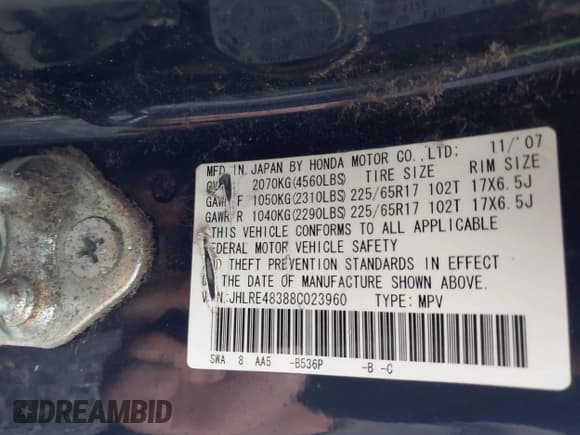✅ 2008 Honda CR-V LX • VIN: JHLRE48388C023960 • Lot: 43394160. Wystawiony na IAAI z przebiegiem 205 847 mil. Bezpłatny archiwum sprzedaży aukcyjnych z USA i szczegółowy raport historii pojazdu na DreamBid. Zdjęcie 9.