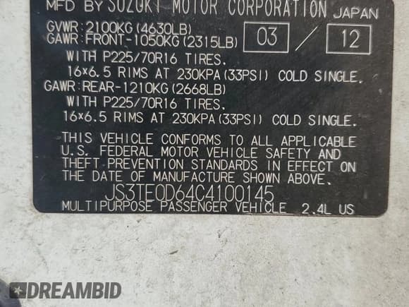 ✅ 2012 Suzuki Grand Vitara Premium • VIN: JS3TE0D64C4100145 • Lot: 62714985. Listed on Copart with 55,786 mi. Free auction sales archive from the USA and detailed vehicle history report at DreamBid. Image 13.