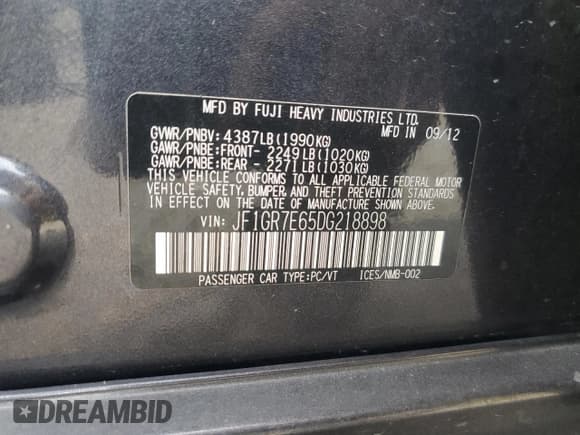 ✅ 2013 Subaru WRX WRX • VIN: JF1GR7E65DG218898 • Lot: 80636685. Listed on Copart with 167,804 mi. Free auction sales archive from the USA and detailed vehicle history report at DreamBid. Image 12.