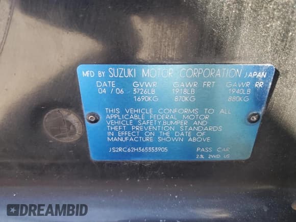 ✅ 2006 Suzuki Aerio Premium • VIN: JS2RC62H365353905 • Lot: 90095495. Listed on Copart with 151,077 mi. Free auction sales archive from the USA and detailed vehicle history report at DreamBid. Image 12.