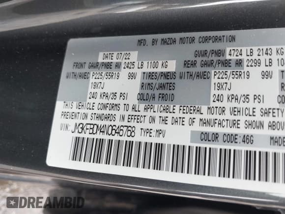 ✅ 2022 Mazda CX-5 S Premium • VIN: JM3KFBDM4N0646768 • Lot: 42694312. Wystawiony na IAAI z przebiegiem 51 474 mil. Bezpłatny archiwum sprzedaży aukcyjnych z USA i szczegółowy raport historii pojazdu na DreamBid. Zdjęcie 9.