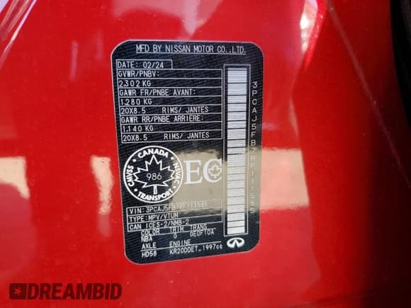 ✅ 2024 Infiniti QX50 Sport • VIN: 3PCAJ5FB7RF111585 • Lot: 84173255. Listed on Copart with Not provided. Free auction sales archive from the USA and detailed vehicle history report at DreamBid. Image 14.