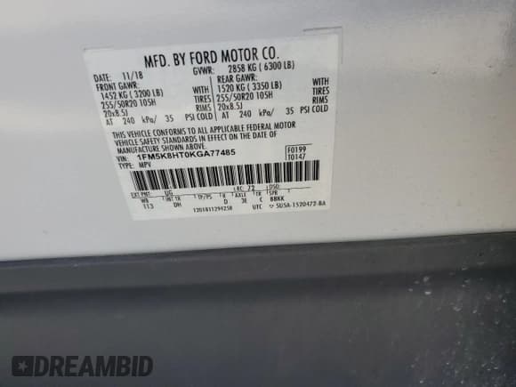 ✅ 2019 Ford Explorer Platinum • VIN: 1FM5K8HT0KGA77485 • Lot: 70001105. Listed on Copart with 32,740 mi. Free auction sales archive from the USA and detailed vehicle history report at DreamBid. Image 14.