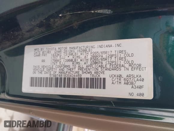 ✅ 2003 Toyota Tundra Limited • VIN: 5TBBT48183S434469 • Lot: 42175051. Wystawiony na IAAI z przebiegiem 311 775 mil. Bezpłatny archiwum sprzedaży aukcyjnych z USA i szczegółowy raport historii pojazdu na DreamBid. Zdjęcie 9.