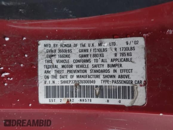 ✅ 2002 Honda Civic Si • VIN: SHHEP33592U306949 • Lot: 43808996. Listed on IAAI with Not provided. Free auction sales archive from the USA and detailed vehicle history report at DreamBid. Image 9.