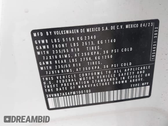 ✅ 2023 Volkswagen Tiguan SE • VIN: 3VVNB7AX4PM100180 • Lot: 42062208. Listed on IAAI with 12,922 mi. Free auction sales archive from the USA and detailed vehicle history report at DreamBid. Image 9.