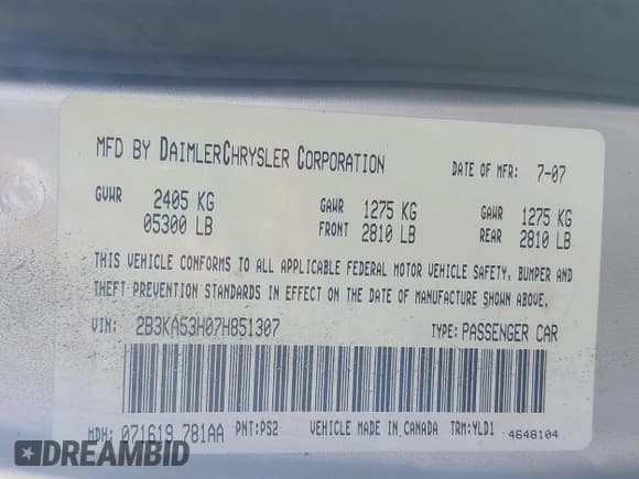 ✅ 2007 Dodge Charger R/T • VIN: 2B3KA53H07H851307 • Лот: 43213716. Опубликован ранее на IAAI с пробегом 181 001 миль. Бесплатный доступ к архиву аукционных продаж из США и подробный отчёт об истории автомобиля на DreamBid. Изображение 9.