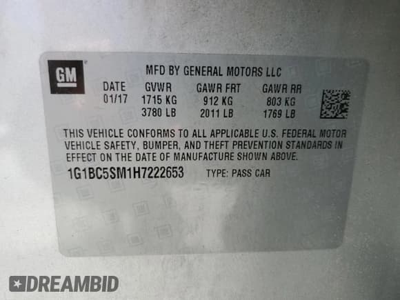 ✅ 2017 Chevrolet Cruze LS • VIN: 1G1BC5SM1H7222653 • Lot: 54488712. Listed on Copart with 95,931 mi. Free auction sales archive from the USA and detailed vehicle history report at DreamBid. Image 10.