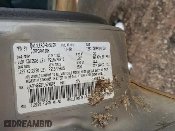 ✅ 2001 Jeep Cherokee Sport • VIN: 1J4FF48S21L574678 • Lot: 95910125. Listed on Copart with Not provided. Free auction sales archive from the USA and detailed vehicle history report at DreamBid. Image 13.