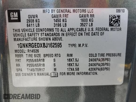 ✅ 2011 Chevrolet Traverse 1LT • VIN: 1GNKRGEDXBJ162595 • Lot: 65051334. Wystawiony na Copart z przebiegiem Nie podano. Bezpłatny archiwum sprzedaży aukcyjnych z USA i szczegółowy raport historii pojazdu na DreamBid. Zdjęcie 13.