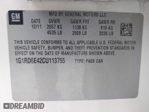 ✅ 2012 Chevrolet Volt • VIN: 1G1RD6E42CU113755 • Lot: 43609420. Listed on IAAI with 131,630 mi. Free auction sales archive from the USA and detailed vehicle history report at DreamBid. Image 9.