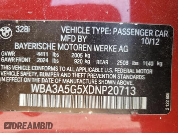 ✅ 2013 BMW 3 Series 328i • VIN: WBA3A5G5XDNP20713 • Lot: 60152685. Listed on Copart with 153,138 mi. Free auction sales archive from the USA and detailed vehicle history report at DreamBid. Image 12.