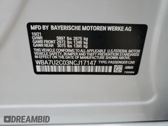 ✅ 2022 BMW 7 Series 750i xDrive • VIN: WBA7U2C03NCJ17147 • Lot: 66776635. Listed on Copart with 46,341 mi. Free auction sales archive from the USA and detailed vehicle history report at DreamBid. Image 13.