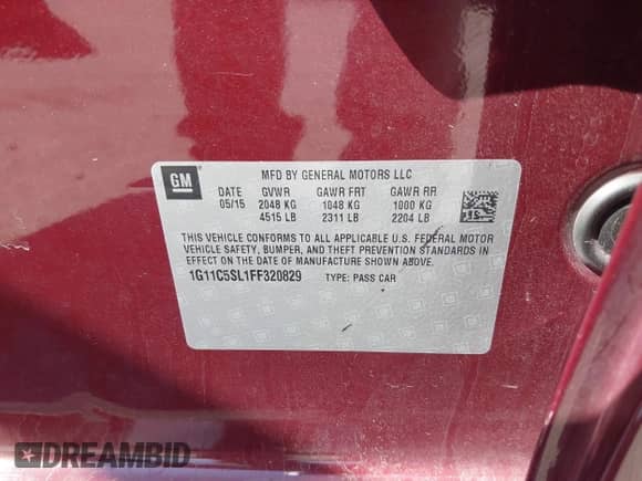 2015 Chevrolet Malibu LT с VIN 1G11C5SL1FF320829, выставлен на аукционе IAAI как лот 43222654 с пробегом 46 422 миль миль и . История ставок и продаж доступна на DreamBid. Изображение 9.