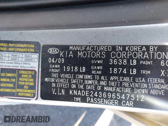 ✅ 2009 Kia Rio LX • VIN: KNADE243696547512 • Лот: 40639932. Опубликован ранее на IAAI с пробегом 204 809 миль. Бесплатный доступ к архиву аукционных продаж из США и подробный отчёт об истории автомобиля на DreamBid. Изображение 9.