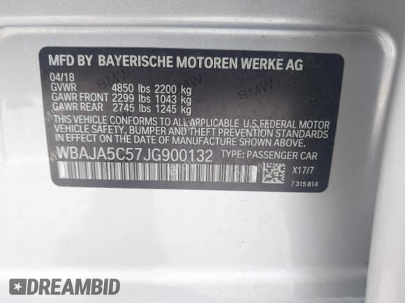 ✅ 2018 BMW 5 Series 530i • VIN: WBAJA5C57JG900132 • Lot: 43756247. Listed on IAAI with 81,977 mi. Free auction sales archive from the USA and detailed vehicle history report at DreamBid. Image 9.