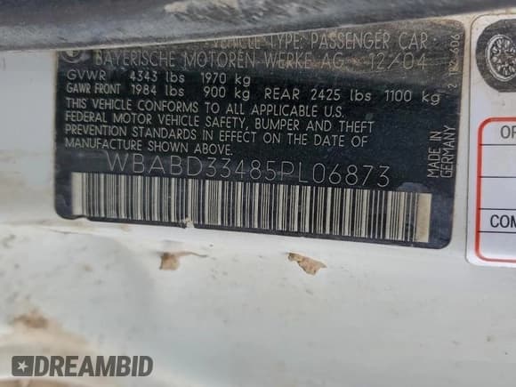 ✅ 2005 BMW 3 Series 325Ci • VIN: WBABD33485PL06873 • Lot: 93919225. Listed on Copart with Not provided. Free auction sales archive from the USA and detailed vehicle history report at DreamBid. Image 12.