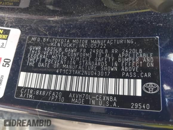 2022 Toyota Camry Hybrid LE с VIN 4T1C31AK2NU043017, выставлен на аукционе IAAI как лот 43309706 с пробегом 47 395 миль миль и . История ставок и продаж доступна на DreamBid. Изображение 9.