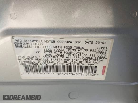 2001 Toyota Highlander с VIN JTEGF21A710010134, выставлен на аукционе IAAI как лот 43365751 с пробегом 232 621 миль миль и . История ставок и продаж доступна на DreamBid. Изображение 9.