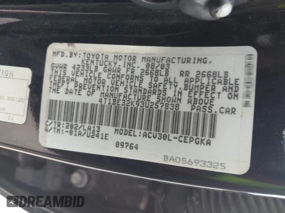 ✅ 2003 Toyota Camry LE • VIN: 4T1BE32K93U257838 • Lot: 43777915. Listed on IAAI with 304,957 mi. Free auction sales archive from the USA and detailed vehicle history report at DreamBid. Image 9.