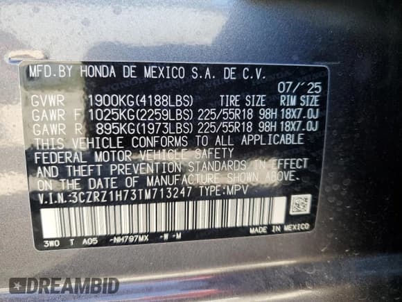 ✅ 2026 Honda HR-V EX-L • VIN: 3CZRZ1H73TM713247 • Lot: 86492325. Listed on Copart with 664 mi. Free auction sales archive from the USA and detailed vehicle history report at DreamBid. Image 13.