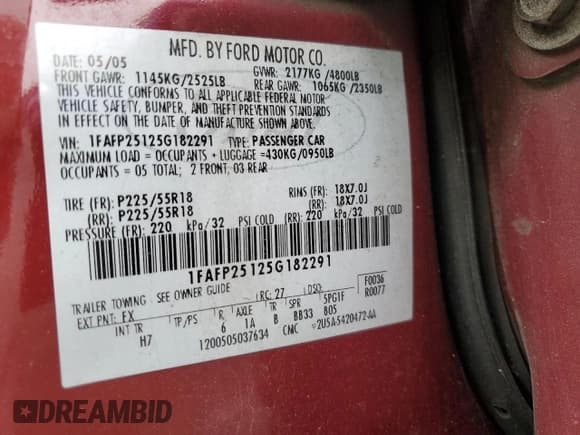 ✅ 2005 Ford Five Hundred Limited • VIN: 1FAFP25125G182291 • Lot: 52121115. Listed on Copart with 98,117 mi. Free auction sales archive from the USA and detailed vehicle history report at DreamBid. Image 12.