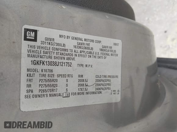 ✅ 2008 GMC Yukon SLT 4SB • VIN: 1GKFK13038J121752 • Лот: 42631628. Опубликован ранее на IAAI с пробегом 211 109 миль. Бесплатный доступ к архиву аукционных продаж из США и подробный отчёт об истории автомобиля на DreamBid. Изображение 9.