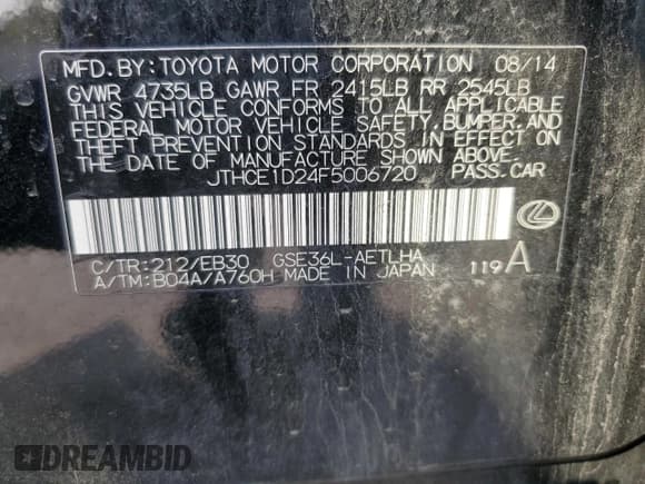 ✅ 2015 Lexus IS 350 • VIN: JTHCE1D24F5006720 • Lot: 71410455. Listed on Copart with 105,666 mi. Free auction sales archive from the USA and detailed vehicle history report at DreamBid. Image 12.