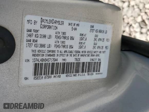 2004 Dodge Dakota SLT z VIN 1D7HL48N94S717644, wystawiony jako Copart lot #71394124 z przebiegiem 155 892 mil mil oraz Szkoda całkowita • Salvage title. Historia ofert i sprzedaży dostępna na DreamBid. Obrazek 12.