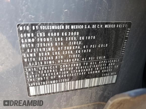 ✅ 2022 Volkswagen Taos SEL • VIN: 3VV2X7B21NM017584 • Lot: 68701625. Wystawiony na Copart z przebiegiem 76 514 mil. Bezpłatny archiwum sprzedaży aukcyjnych z USA i szczegółowy raport historii pojazdu na DreamBid. Zdjęcie 14.