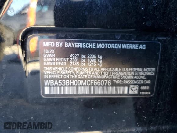 ✅ 2021 BMW 5 Series 530i • VIN: WBA53BH09MCF66076 • Lot: 45773625. Listed on Copart with 109,935 mi. Free auction sales archive from the USA and detailed vehicle history report at DreamBid. Image 14.