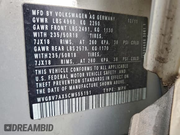 ✅ 2012 Volkswagen Tiguan S • VIN: WVGBV7AX5CW555151 • Lot: 94964635. Listed on Copart with 119,619 mi. Free auction sales archive from the USA and detailed vehicle history report at DreamBid. Image 12.