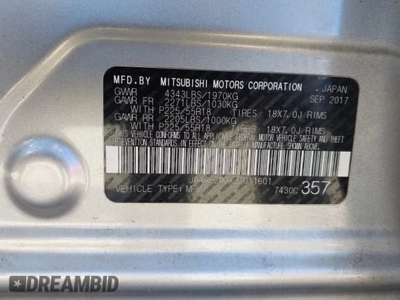 ✅ 2018 Mitsubishi Outlander ES • VIN: JA4AP3AUXJZ011601 • Lot: 43537496. Listed on IAAI with 120,582 mi. Free auction sales archive from the USA and detailed vehicle history report at DreamBid. Image 9.