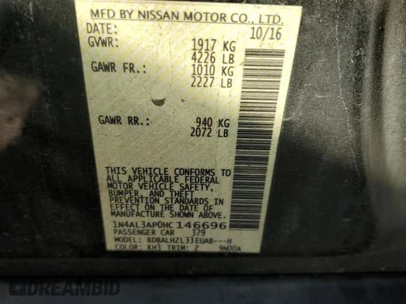 ✅ 2017 Nissan Altima SR • VIN: 1N4AL3AP0HC146696 • Lot: 90980645. Listed on Copart with 123,285 mi. Free auction sales archive from the USA and detailed vehicle history report at DreamBid. Image 12.