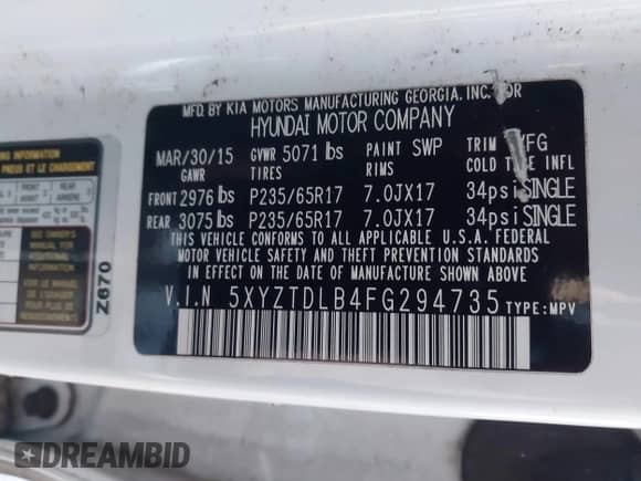 2015 Hyundai Santa Fe z VIN 5XYZTDLB4FG294735, wystawiony jako IAAI lot #43230960 z przebiegiem 169 342 mil mil oraz . Historia ofert i sprzedaży dostępna na DreamBid. Obrazek 9.