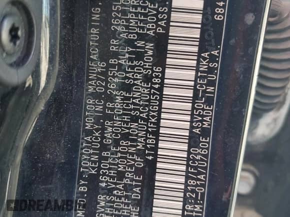 2016 Toyota Camry SE with VIN 4T1BF1FKXGU574836, listed as a Copart auction lot 82604945 with 93,140 mi miles and Salvage title. Bid and sale history available at DreamBid. Image 12.