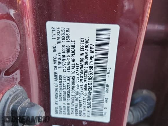 ✅ 2013 Honda CR-V LX • VIN: 5J6RM4H36DL025758 • Лот: 89821785. Опубликован ранее на Copart с пробегом 151 816 миль. Бесплатный доступ к архиву аукционных продаж из США и подробный отчёт об истории автомобиля на DreamBid. Изображение 14.