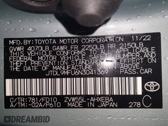 2022 Toyota Prius LE с VIN JTDL9MFU6N3041369, выставлен на аукционе IAAI как лот 41328637 с пробегом 96 424 миль миль и . История ставок и продаж доступна на DreamBid. Изображение 9.