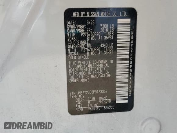 ✅ 2023 Nissan Armada SL • VIN: JN8AY2BC8P9183352 • Lot: 85489325. Listed on Copart with 44,113 mi. Free auction sales archive from the USA and detailed vehicle history report at DreamBid. Image 13.