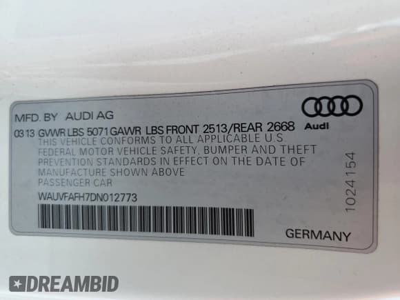 ✅ 2013 Audi A5 Prestige • VIN: WAUVFAFH7DN012773 • Lot: 69036175. Wystawiony na Copart z przebiegiem 117 852 mil. Bezpłatny archiwum sprzedaży aukcyjnych z USA i szczegółowy raport historii pojazdu na DreamBid. Zdjęcie 12.