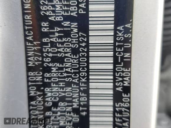 2012 Toyota Camry SE с VIN 4T1BF1FK9CU032427, выставлен на аукционе Copart как лот 87130155 с пробегом 309 212 миль миль и Списание • Salvage title. История ставок и продаж доступна на DreamBid. Изображение 12.