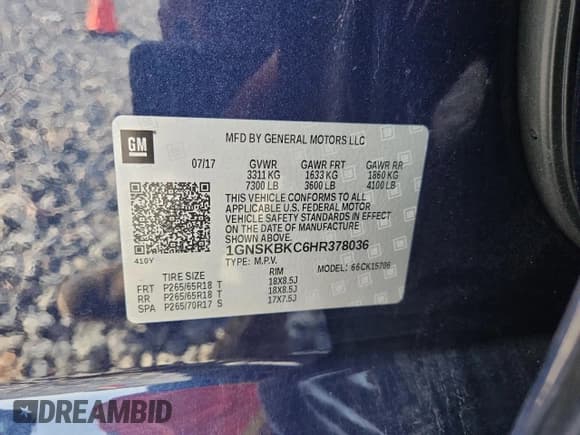 ✅ 2017 Chevrolet Tahoe LT • VIN: 1GNSKBKC6HR378036 • Lot: 61404535. Listed on Copart with 111,699 mi. Free auction sales archive from the USA and detailed vehicle history report at DreamBid. Image 14.