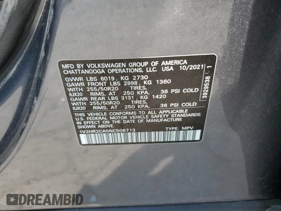 ✅ 2022 Volkswagen Atlas SE • VIN: 1V2HR2CA5NC506713 • Lot: 69138165. Wystawiony na Copart z przebiegiem 57 224 mil. Bezpłatny archiwum sprzedaży aukcyjnych z USA i szczegółowy raport historii pojazdu na DreamBid. Zdjęcie 13.