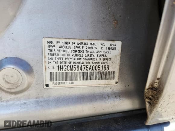 ✅ 2005 Honda Accord LX • VIN: 1HGCM56475A005188 • Lot: 85163615. Listed on Copart with Not provided. Free auction sales archive from the USA and detailed vehicle history report at DreamBid. Image 12.