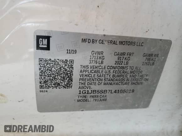 2020 Chevrolet Sonic LS с VIN 1G1JB5SB7L4105019, выставлен на аукционе Copart как лот 55061395 с пробегом 52 913 миль миль и Списание • Salvage title. История ставок и продаж доступна на DreamBid. Изображение 13.