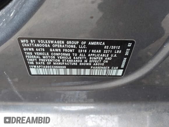 ✅ 2012 Volkswagen Passat S • VIN: 1VWAP7A30CC059695 • Lot: 42531661. Listed on IAAI with 136,000 mi. Free auction sales archive from the USA and detailed vehicle history report at DreamBid. Image 9.